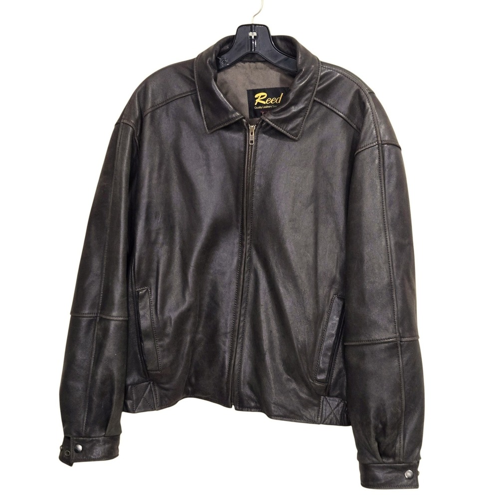 Reed Leather Varsity Jacket Men Small Brown Made in USA Full Zip Soft